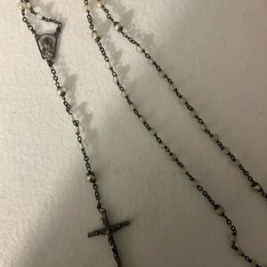 Silver and White Beaded Rosary Necklace